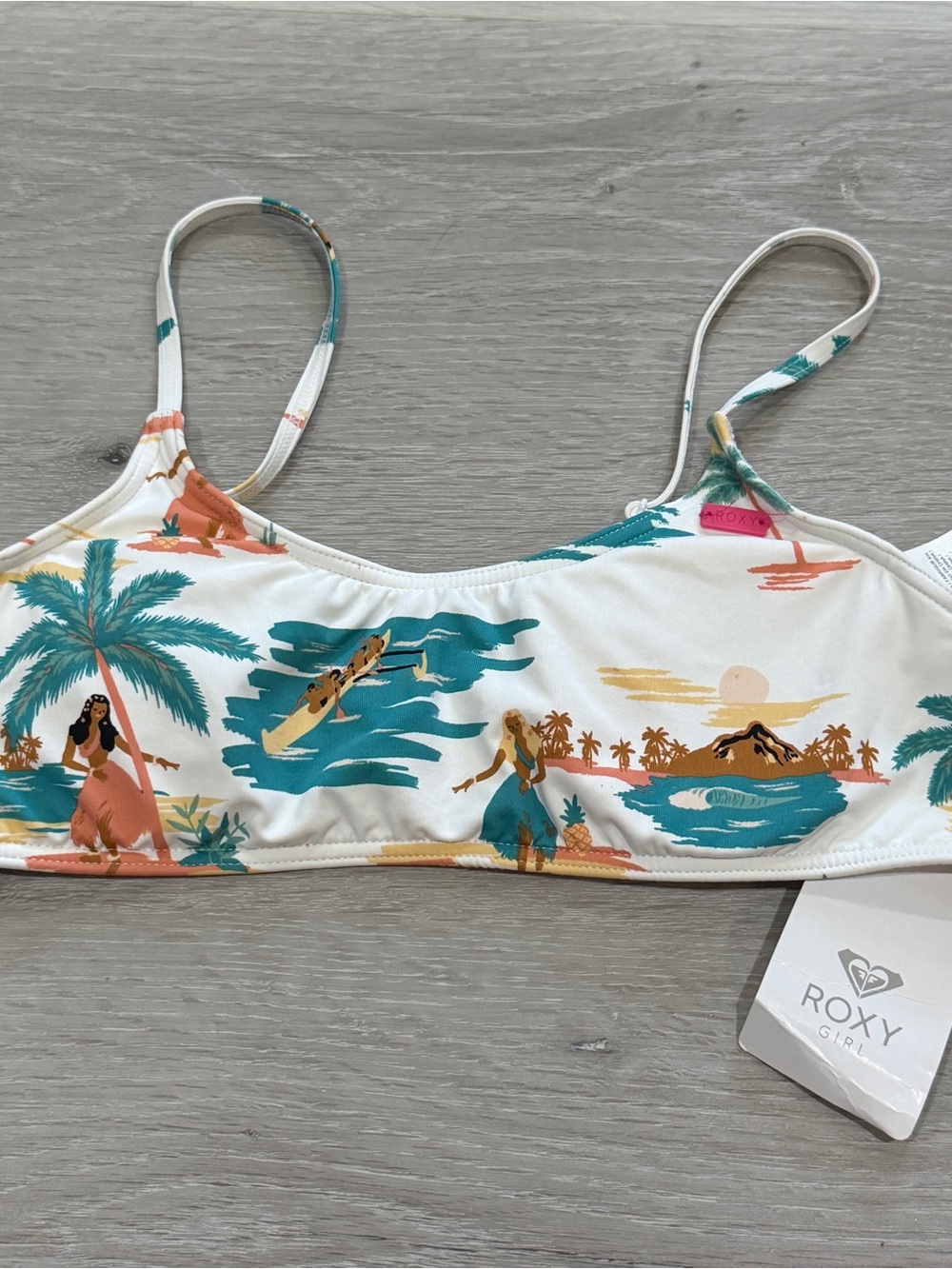 Roxy Girls White Tropical Print Bikini Top with Teal and Coral Accents